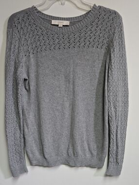 LOFT Gray Lace-Knit Yoke & Sleeves Crewneck Sweater 100% Cotton Medium